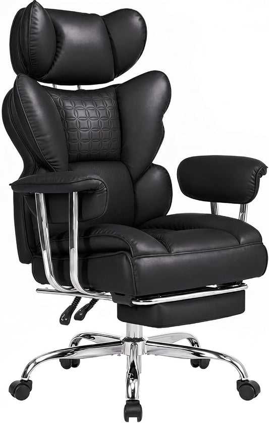 DUMOS Big and Tall Office Chair 400 LBS, Scratch-Resistant PU Leather Executive Office Desk Chair with Footrest, Ergonomic Reclining Computer Chairs with Pocket Spring Support, Black