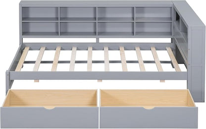 Bellemave Twin Corner Bed Frame, Wood Twin Size Daybed with L-Shaped Bookcase and 2 Drawers，Daybed with Storage Cabinets, Gray