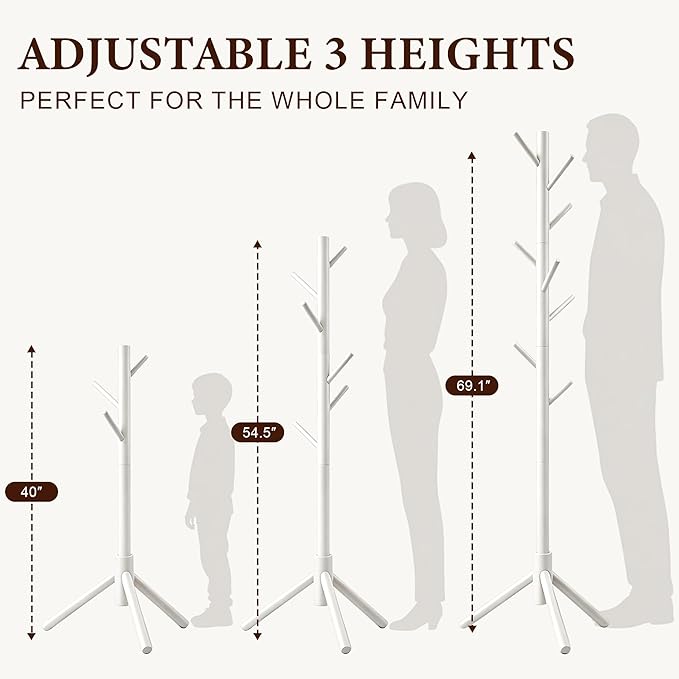 2 PC Wooden Coat Rack Freestanding with 8 Hooks & 3 Adjustable Sizes for Clothes, Space-Saving Design for Bedroom Office Entrance Holds Hats Coats Scarves Bags
