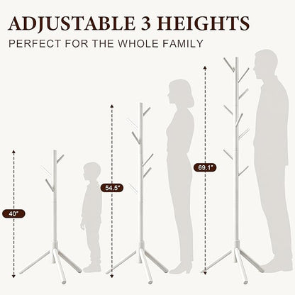 2 PC Wooden Coat Rack Freestanding with 8 Hooks & 3 Adjustable Sizes for Clothes, Space-Saving Design for Bedroom Office Entrance Holds Hats Coats Scarves Bags
