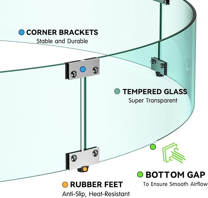 Skyflame 47" Round Fire Pit Glass Wind Guard, Thick & Clear Tempered Glass Fire-Resistant Wind Screens with Bracket & Feet, for Outdoor Fire Table/Fire Pit Pan