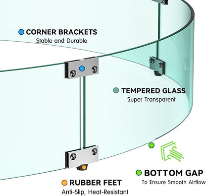 Skyflame 47" Round Fire Pit Glass Wind Guard, Thick & Clear Tempered Glass Fire-Resistant Wind Screens with Bracket & Feet, for Outdoor Fire Table/Fire Pit Pan