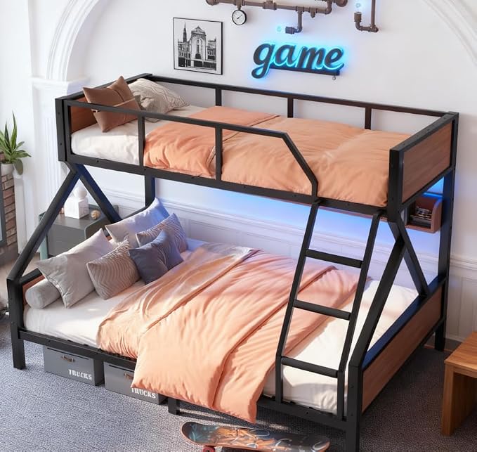 Bellemave Bunk Bed Twin XL Over Queen with LED, Heavy Duty Metal Bunk BedFrame with Storage Shelves and Lights, Black
