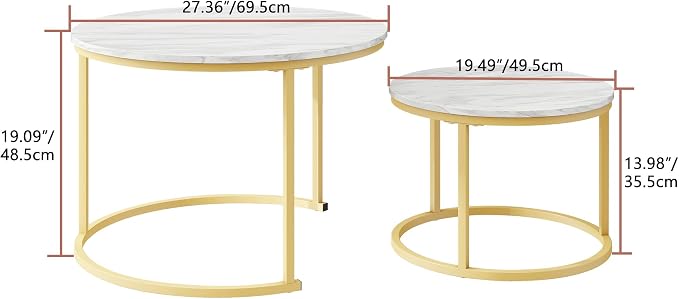 HOJINLINERO Round Coffee Table,Nesting Coffee Table Set of 2,Center Tables for Living Room,Office, Home Small Space,Stacking Side Tables,Sturdy and Easy Assembly,Wood Desktop,Golden+White,Large