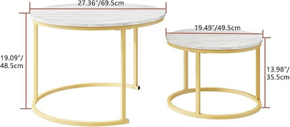 HOJINLINERO Round Coffee Table,Nesting Coffee Table Set of 2,Center Tables for Living Room,Office, Home Small Space,Stacking Side Tables,Sturdy and Easy Assembly,Wood Desktop,Golden+White,Large