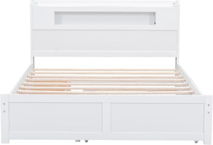 GDFStudio Queen Size Storage Bed with LED Headboard, 2 Drawers and Twin Trundle, Modern Wooden Platform Bed Frame for Bedroom Organization, No Box Spring Needed, Easy Assembly, White