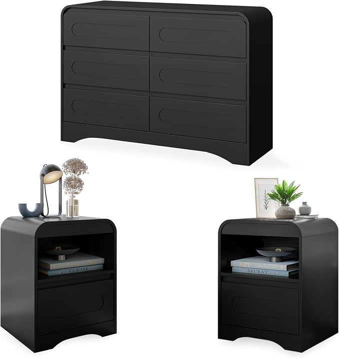 3 Piece Bedroom Set, Dresser and Nightstand Sets for Bedroom | Wood 6 Drawer Dresser & Night Stand Set of 2, Wide Chest of Drawers Modern Storage Cabinet Bedroom Furniture Set, Black
