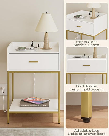 Masupu Nightstand with Charging Station, 3-Tier Modern Bedside Night Stand with Storage Drawer and Shelf, Large End Side Table for Bedroom, Living Room,White