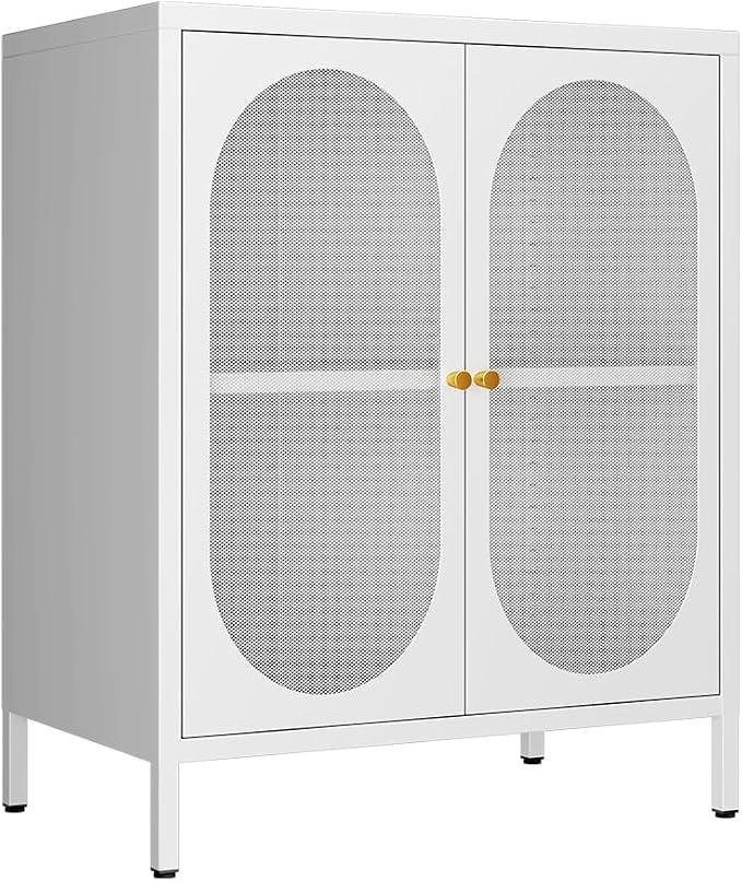 2 Mesh Door Accent Storage Cabinet for Home, LivingRoom, Office Room,Kitchen-Metal Locker Cabinet with 1 Adjustable Shelves-2-Tier (Small Mesh Door, White)