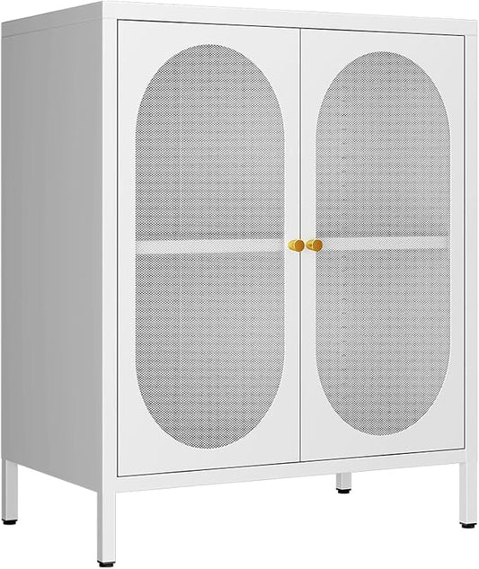 2 Mesh Door Accent Storage Cabinet for Home, LivingRoom, Office Room,Kitchen-Metal Locker Cabinet with 1 Adjustable Shelves-2-Tier (Small Mesh Door, White)