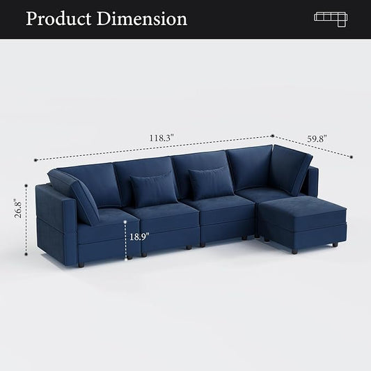 Vesgantti Sectional Couches with Storage Seats, 118" L Shaped Convertible Modular Sectional Sofa, 4 Seat & 1 Ottoman Velvet Storage Chaises Deep Seat Couch for Living Room, Bedroom, Apartment, Blue