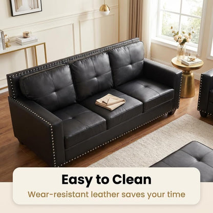 3-Piece Faux Leather Sofa Set, Modern Living Room Couch Set with 3-Seater, Loveseat, and Armchair with Tufted Backrest & Nailhead Trim for Apartment, Office and Small Spaces (Black)