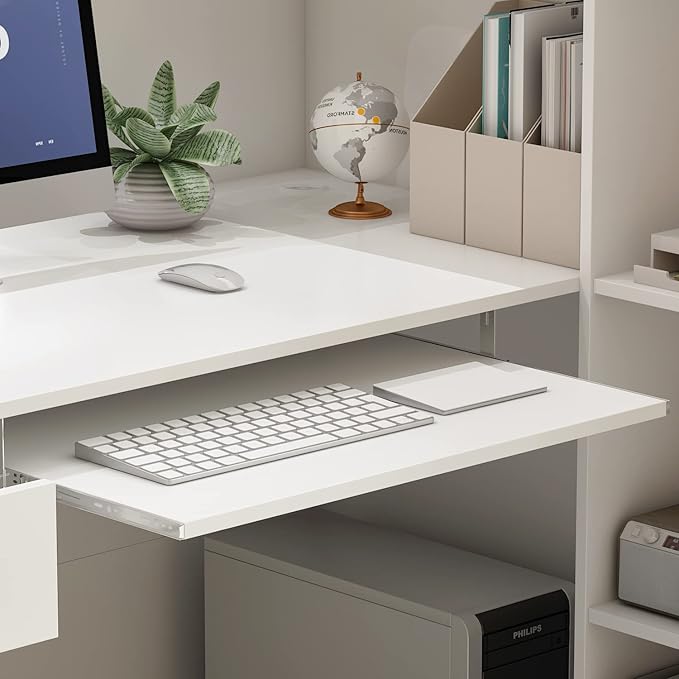 AIEGLE Reception Desk with Hutch, Reception Counter Desk with Lockable Drawers & Shelves, for Salon Recetion Room Retail Counter Checkout Office, White (55.1" W x 43.3" D x 43.3" H)