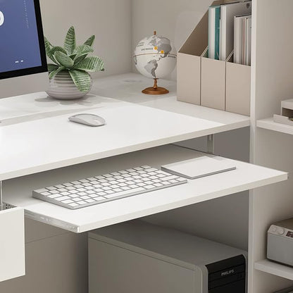 AIEGLE Reception Desk with Hutch, Reception Counter Desk with Lockable Drawers & Shelves, for Salon Recetion Room Retail Counter Checkout Office, White (55.1" W x 43.3" D x 43.3" H)