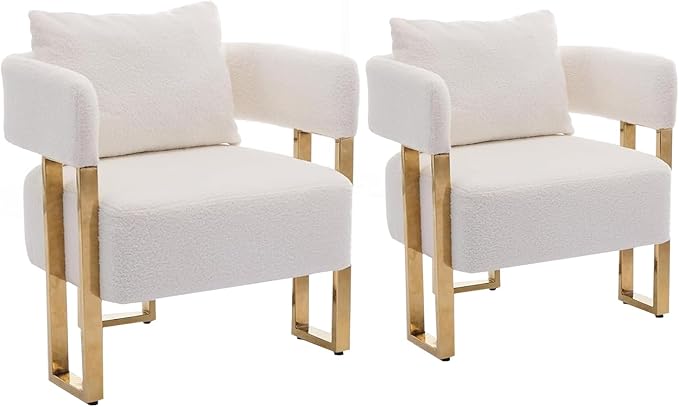 YISHENG Modern Barrel Accent Chairs Set of 2, Living Room Side Chairs with Golden Metal Legs Soft Upholstered Reading Armchairs no Wheels for Vanity/Reception Room//Bedroom/Lounge/Office, White Teddy