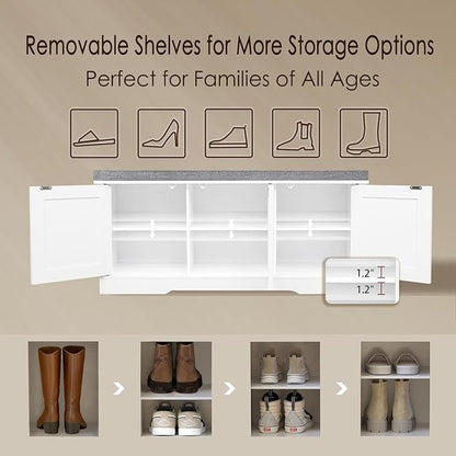 DINZI LVJ Shoe Bench, Entryway Storage Bench with Doors, Cushion, 2-Tier Shoe Rack with 6-Cubby, 39.4”L x 13.8”W Shoe Organizer Cabinet, Adjustable Shelf, Living Room, Bedroom, White