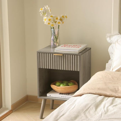 Fultyle Mid Century Modern Nightstand, Wood Bedside Table with Drawer and Open Storage, End Table Living Room Fluted Night Stand with Solid Wood Legs for Bedroom (Grey)