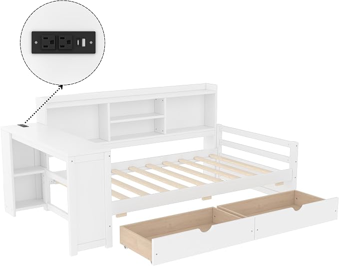 Bellemave Twin Size Corner Bed Frame with Storage Drawers and Desk,Captain L-Shaped Daybed with Bookcase,Corner Bed Frame Twin Size with Charging Station for Kids,Teens,Guests,White