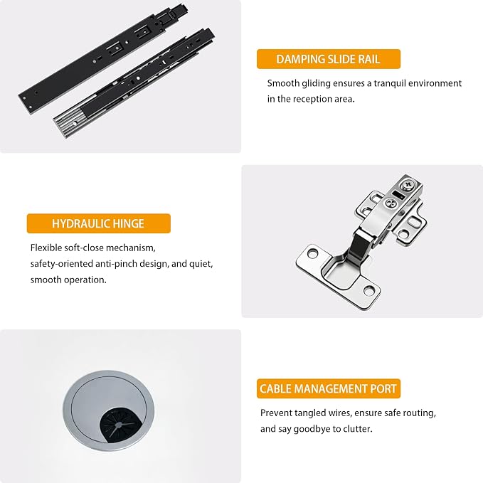 Modern Reception Desk Check Out Counter Front Desk for Spa Salon Office | Power Outlet Lockable Cabinet Keyboard Tray Privacy Panel Cable Grommet Open Storage Storage Cabinet