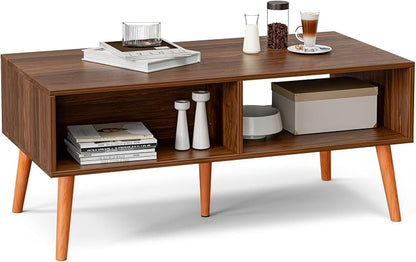 ZttRiee Rattan Coffee Table with Drawer, Mid-Century, Walnut | 39.4"L x 19.7"W x 16.9"H, 220 lbs capacity, 1 rattan drawer & open compartments, solid wood legs, ~30 min assembly