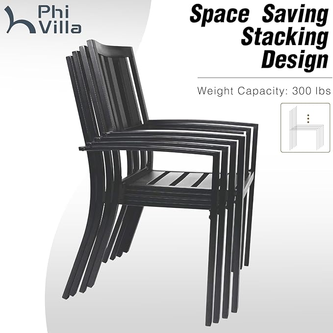 PHI VILLA 9 Pieces Outdoor Dining Set for 8, 57.5” Brown Wood-Like Square Metal Steel Table with Umbrella Hole & Stackable Wrought Iron Chairs, Large Outside Furniture for Patio, Deck, Yard, Porch