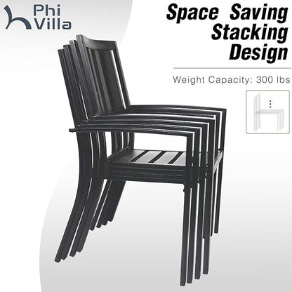 PHI VILLA 9 Pieces Outdoor Dining Set for 8, 57.5” Brown Wood-Like Square Metal Steel Table with Umbrella Hole & Stackable Wrought Iron Chairs, Large Outside Furniture for Patio, Deck, Yard, Porch