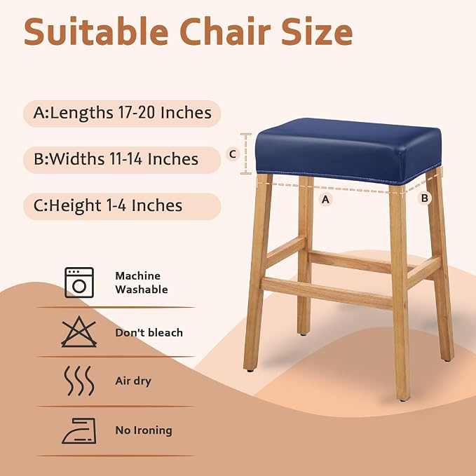 PU Leather Bar Stool Covers Rectangular, 100% Waterproof Stool Covers Rectangle Super Stretch 20% Thicker Leather Saddle Stools Cover Rectangular Counter Bar Stools with Elastic Band (2 PCS, Blue)