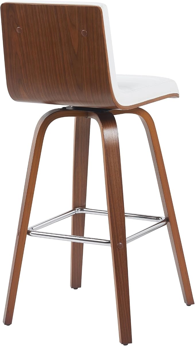 Vienna Modern Swivel Bar Height Stool with Snow White Faux Leather Seat and Walnut Finished Wood Frame Set of 4