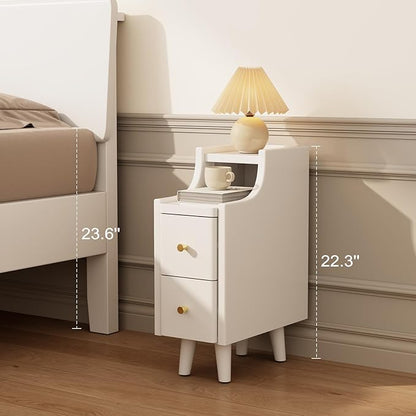Narrow Nightstand with 2 Drawers,White Nightstand,Bedside Table,Solid Wood Modern Bedside Table for Bedroom,Study,Toilet