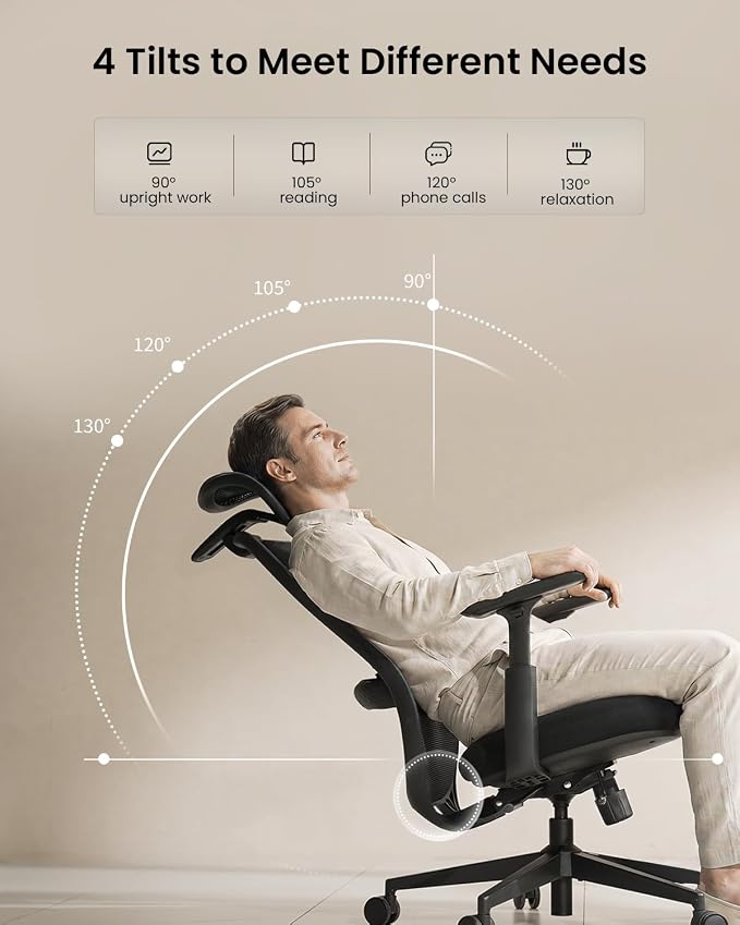 ProtoArc EC200 Ergonomic Office Chair – High-Back Mesh Computer Chair with Lumbar Support, Adjustable Seat Depth & 3D Headrest Ergo Desk Chairs for Work from Home, 8+ Hours Comfort – Black