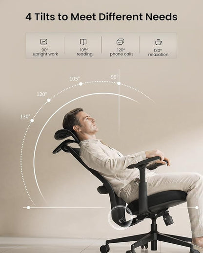 ProtoArc EC200 Ergonomic Office Chair – High-Back Mesh Computer Chair with Lumbar Support, Adjustable Seat Depth & 3D Headrest Ergo Desk Chairs for Work from Home, 8+ Hours Comfort – Black