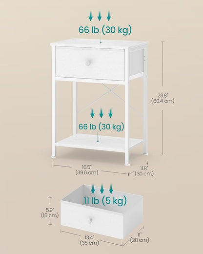 SONGMICS Bedside Table, Side Table with Drawer, Nightstand with Lower Shelf, for Bedroom, Living Room, 11.8 x 15.6 x 23.8 inches, Set of 2, Cloud White, BELLAH Collection ULGS111W101S