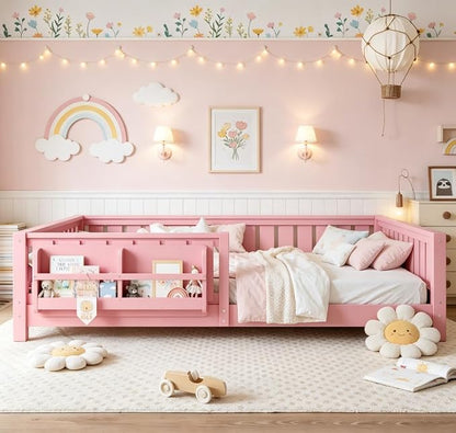 Bellemave Queen Size Floor Bed with high Rails and with Built-in Bookshelf for Kids, Girls, Boys, Wood Montessori Floor Bed Without Door, Pink