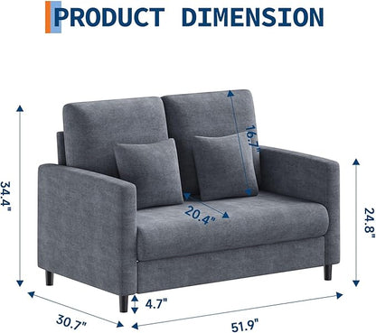 IDEALHOUSE Loveseat Sofa, 52" Love Seat for Small Spaces, Mid Century Sofa Accent Chair, Wood Frame, Tool-Free Assembly, Comfy Sofa Couch for Bedroom, Living Room, Blue Gray