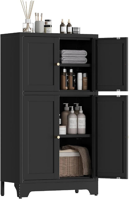 Metal Bathroom Storage Cabinet, Freestanding Pantry Floor Cabinet with 4 Doors and 2 Adjustable Shelves for Living Room, Dining Room, Kitchen