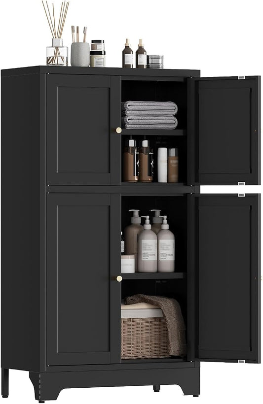 Metal Bathroom Storage Cabinet, Freestanding Pantry Floor Cabinet with 4 Doors and 2 Adjustable Shelves for Living Room, Dining Room, Kitchen