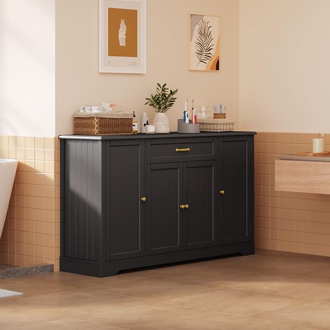 Gizoon 56" Kitchen Coffee Bar Cabinet with Storage Kitchen Sideboard Buffet Cabinet with Drawers, Short Pantry with Door and Shelves for Bathroom and Living Room, Black