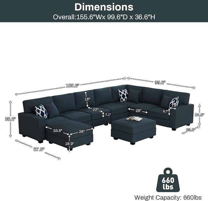 Legend Vansen Oversized Modular Sectional Sofa,U/L‑Shaped Reversible Couch with Ottoman,Deep Seat Plush Polyester Sofa for Living Room,9‑Seater,Charcoal