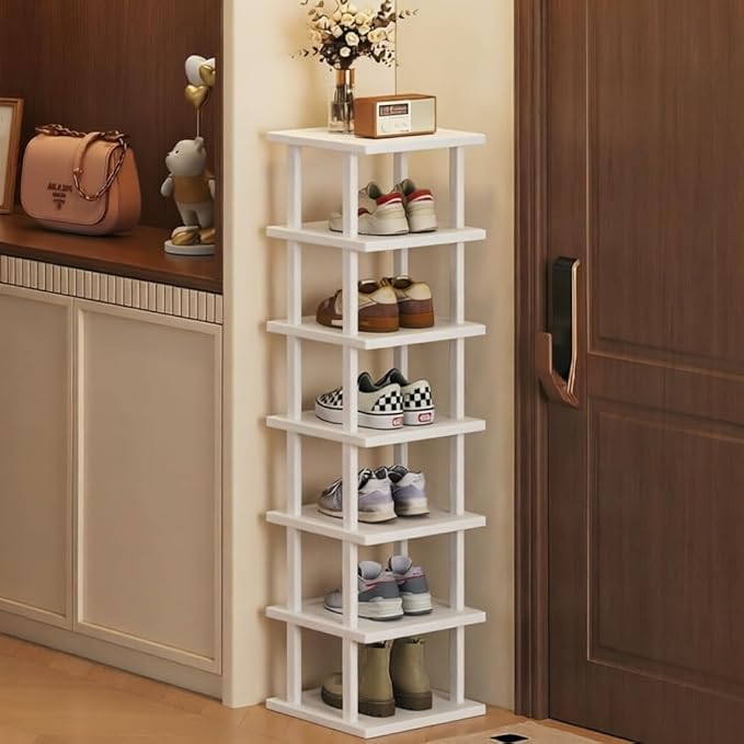 SAN HE Bamboo Shoe Rack 5Tier- Vertical White Shoe Rack for Small Spaces, Tall Narrow Shoe Rack Organizer for Closet Entryway Corner Garage and Bedroom,Skinny Shoe Shelf with Free Stackable DIY