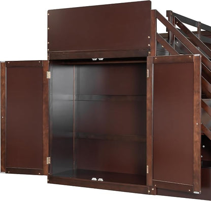 RUNNA Twin Over Full Bunk Bed with Storage Stairs, USB, Light Espresso | Twin over full bunk bed with storage stairs,USB charging station,light,solid wood,guardrails,no box spring needed Espresso