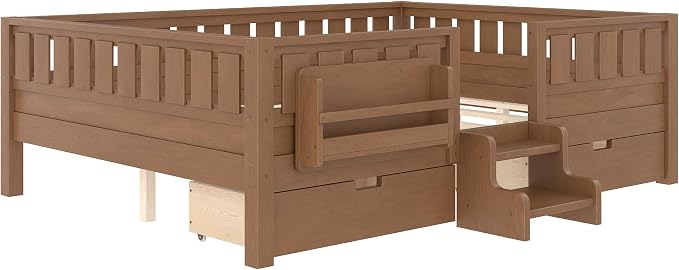 Bellemave Queen Size Bed with Slats and Stairs, Queen Size Platform Bed Frame with Fence, Bookshelf and Storage Drawers, Easy Assemble Beds for Girls, Boys, Natural