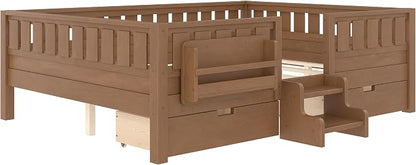 Bellemave Queen Size Bed with Slats and Stairs, Queen Size Platform Bed Frame with Fence, Bookshelf and Storage Drawers, Easy Assemble Beds for Girls, Boys, Natural
