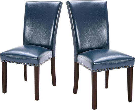 COLAMY Upholstered Parsons Dining Chairs Set of 2, PU Leather Dining Room Kitchen Side Chair with Nailhead Trim and Wood Legs - Blue