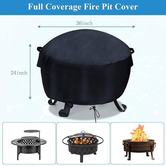 Fire Pit Cover Round 36 Inch, Waterproof, Heavy Duty, Weather Resistant, Dustproof covers for Outdoor Firepit, Fits 36",35,34 inches Patio Fire Bowls -36"Dia X 24"H
