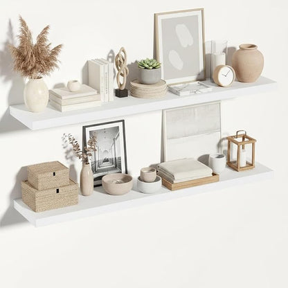 Vivelove White Floating Shelves for Wall 12 Inches Deep, 55x12 Floating Shelves for Wall with Invisible Brackets, Room Shelves for Living Room Bedroom Bathroom Kitchen Office, Set of 2