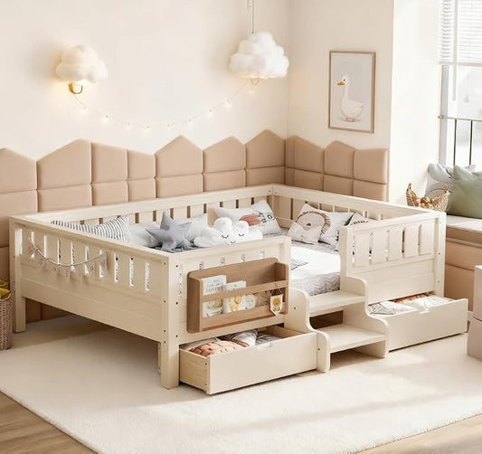 Bellemave Full Size Kids Bed with high Rails and with Built-in Bookshelf and Drawers for Kids, Girls, Boys, Wood Montessori Bed Without Door, Beige
