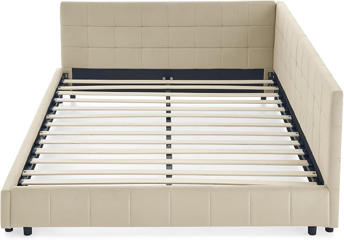 Bellemave Queen Size Corner Bed Frame with Comfortable Backrest and Armrests, Velvet Tufted Corner Bed Frame Queen Size, Upholstered Daybed for Bedroom, Living Room, Guest Room, Beige