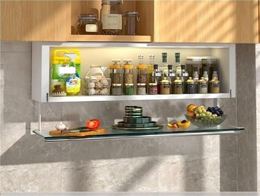 Modern Pull Down Cabinet Organizer Multifunctional Pantry Shelf with Transparent Glass Panel Space-Saving Kitchen Closet Storage,Ideal for Home