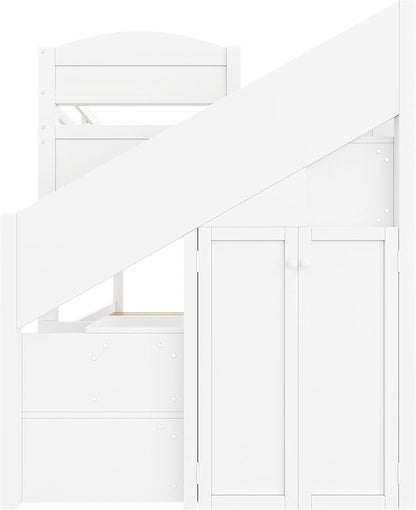 RUNNA Twin XL Bunk Bed with Trundle,Storage Stairs,Kids Bedroom,White | Twin XL bunk bed with trundle, storage stairs, solid wood frame, guardrails, no box spring needed, white, space saving
