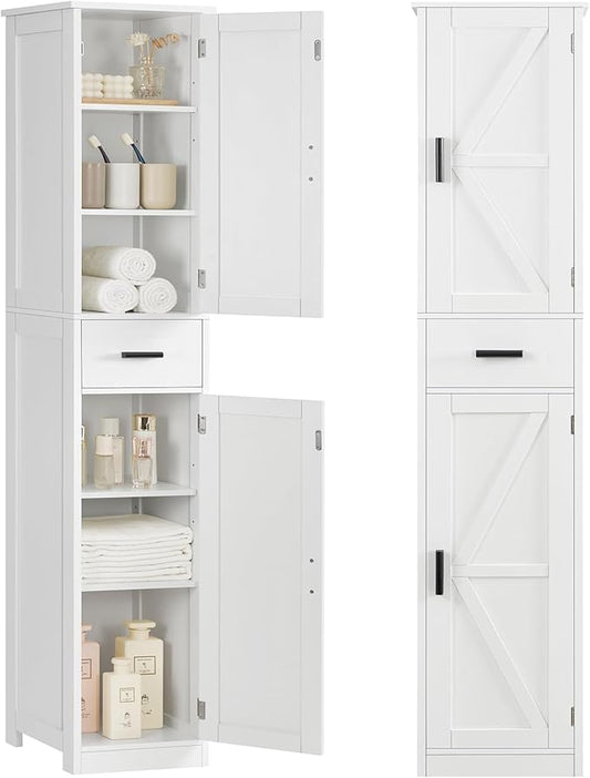 TEENFON 67 Tall Bathroom Cabinet with 6 Shelves & 1 Drawer, Narrow Storage Cabinet with Adjustable Shelves, Silm Cabinet for Living Room, Kitchen, White